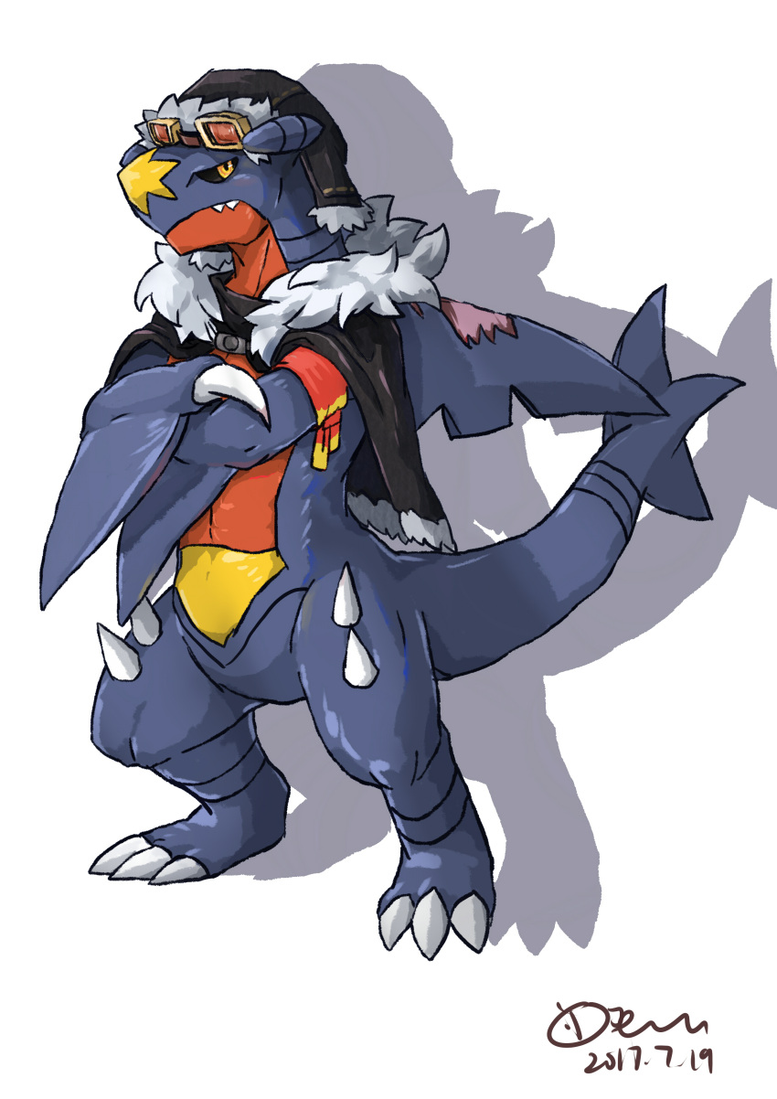 absurdres black_sclera claws closed_mouth clothed_pokemon colored_sclera commentary_request crossed_arms dated demon_king_fish fangs fangs_out fur_trim garchomp goggles highres pokemon pokemon_(creature) signature solo spikes standing yellow_eyes