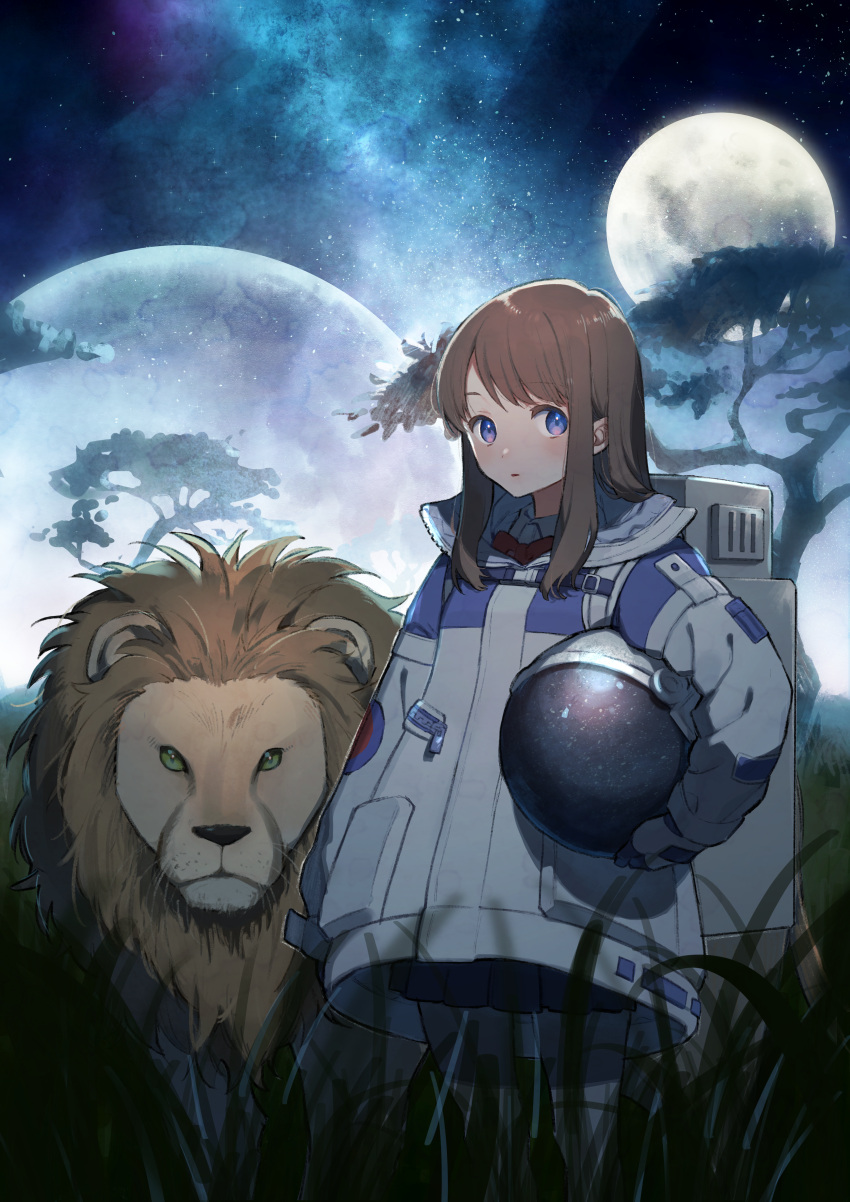 1girl absurdres backpack bag blue_eyes brown_hair closed_mouth commentary grass hana_moto highres lion long_hair looking_at_viewer moon multiple_moons original outdoors sky solo space_helmet spacesuit star_(sky) starry_sky tree