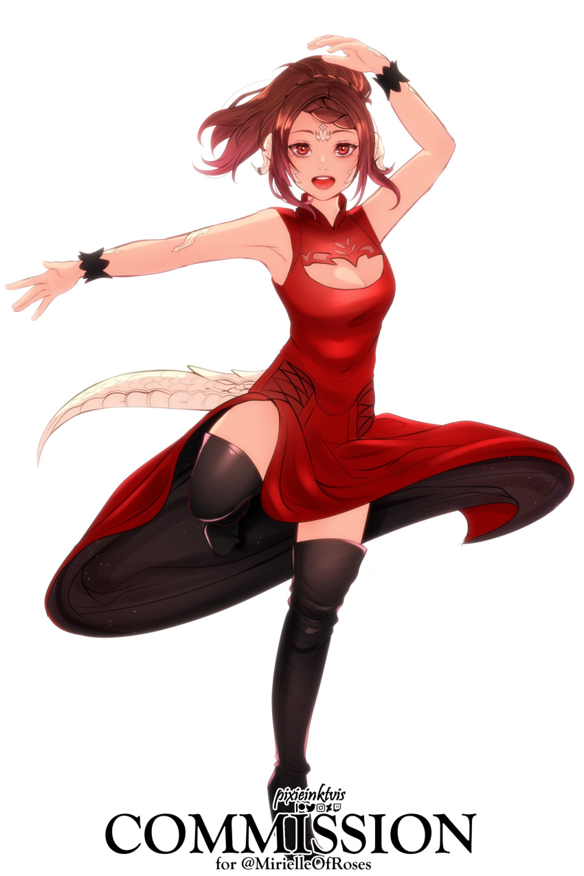 1girl absurdres arm_up au_ra avatar_(ffxiv) boots brown_eyes brown_hair cleavage_cutout clothing_cutout commission dragon_horns dragon_tail dress final_fantasy final_fantasy_xiv highres horns looking_at_viewer pixie_(pixieinktvis) red_dress scales short_hair solo tail thigh-highs thigh_boots white_background wrist_cuffs