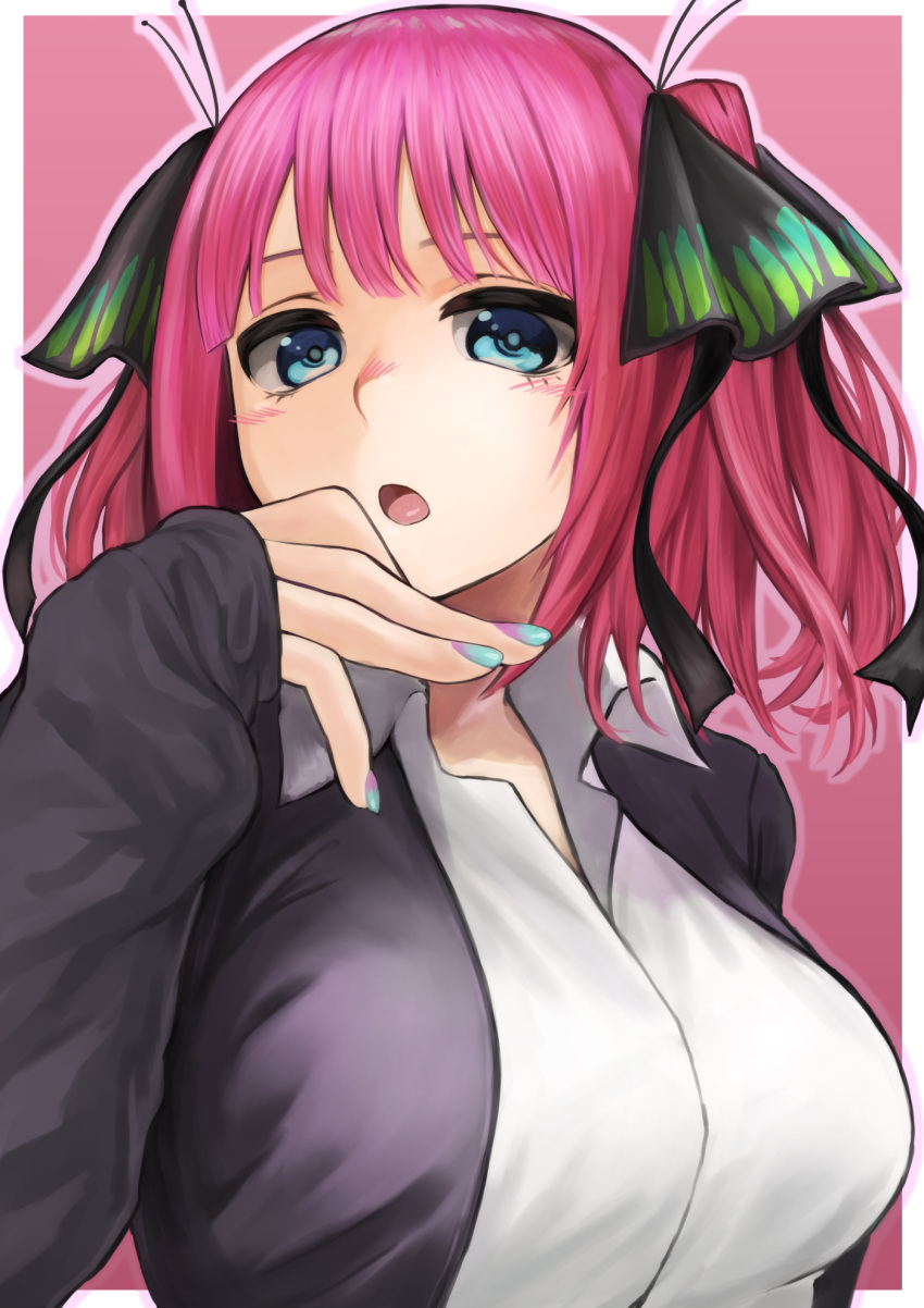 1girl bangs black_cardigan black_ribbon blue_eyes blunt_bangs blush breasts butterfly_hair_ornament cardigan eyebrows_behind_hair go-toubun_no_hanayome hair_ornament hand_to_own_mouth highres izawa_koushi large_breasts looking_at_viewer multicolored_nails nail_polish nakano_nino open_cardigan open_clothes open_mouth pink_background pink_hair ribbon shirt simple_background sleeves_past_wrists twintails white_shirt