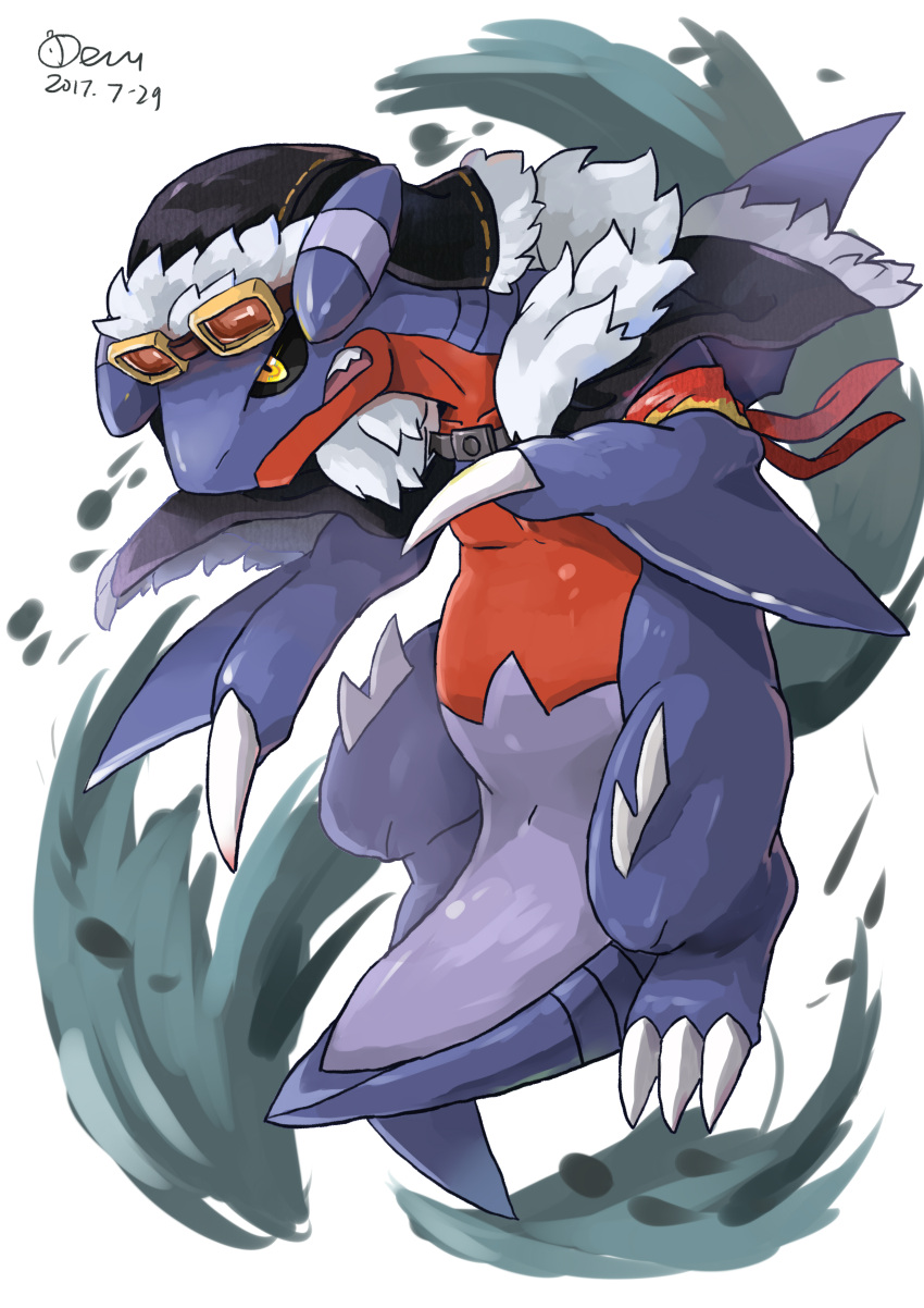 absurdres black_sclera claws clothed_pokemon colored_sclera commentary_request dated demon_king_fish gabite goggles highres looking_down open_mouth pokemon pokemon_(creature) sharp_teeth signature solo spikes teeth tongue yellow_eyes