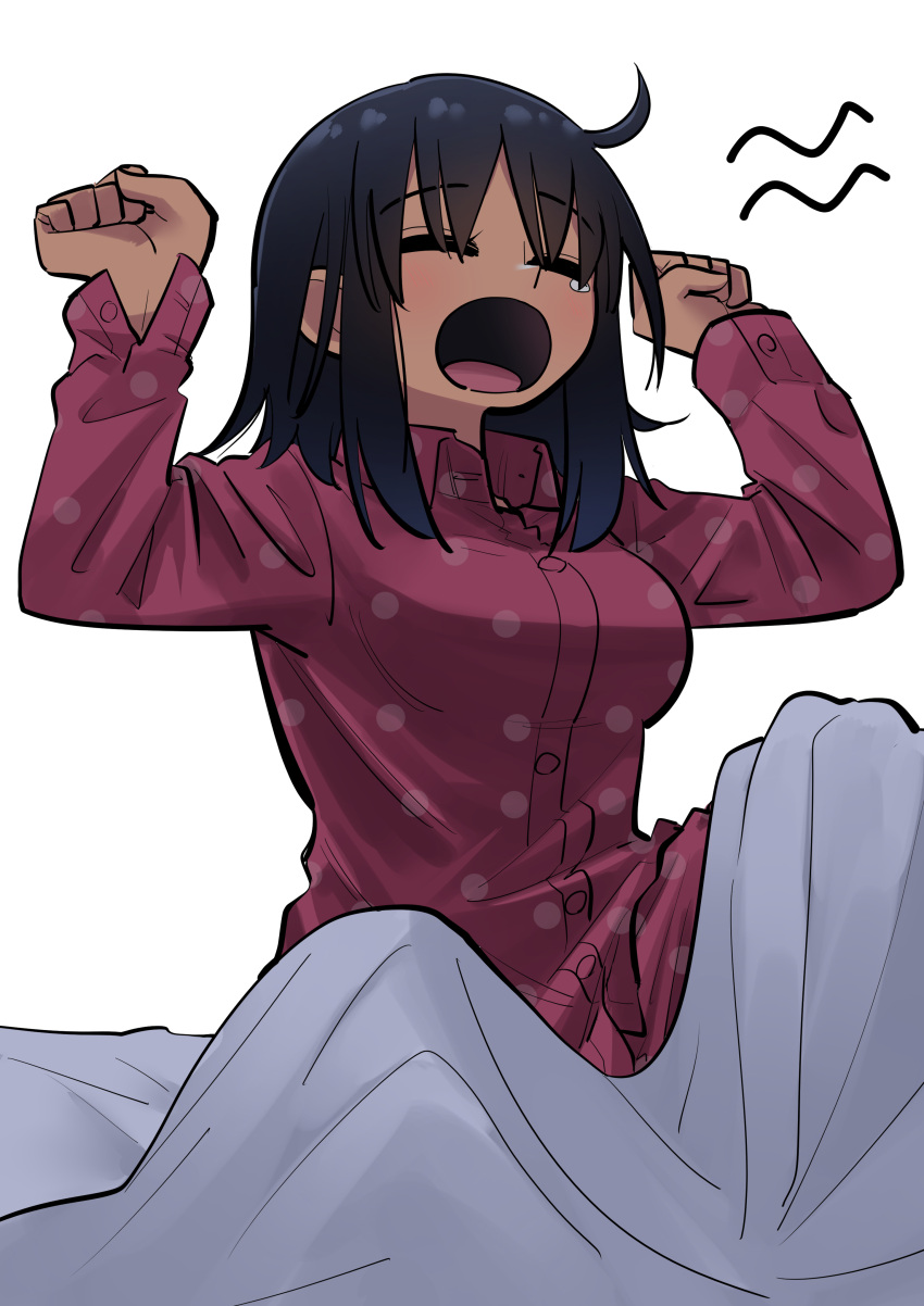 1girl absurdres ahoge closed_eyes commentary_request dark-skinned_female dark_skin eyebrows_visible_through_hair hands_up highres kanke_(kank06020602) long_sleeves open_mouth original pajamas purple_shirt shirt simple_background solo tearing_up waking_up white_background yawning