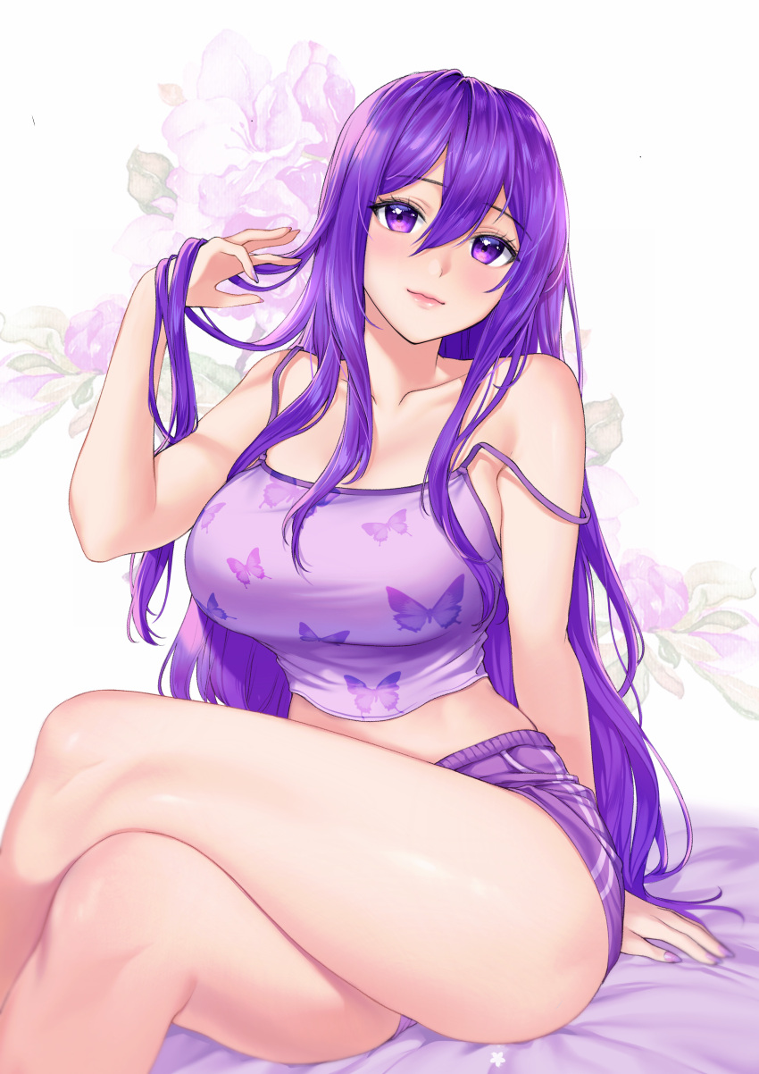 1girl absurdres animal_print babydoll bangs bare_arms bare_legs bare_shoulders bed_sheet breasts butterfly_print casual collarbone commission crossed_legs doki_doki_literature_club eyebrows_visible_through_hair floral_background flower hand_in_hair highres large_breasts light_smile lily_(flower) long_hair object_namesake potetos7 print_babydoll purple_hair short_shorts shorts sitting solo spaghetti_strap strap_slip very_long_hair violet_eyes watermark yuri_(doki_doki_literature_club)