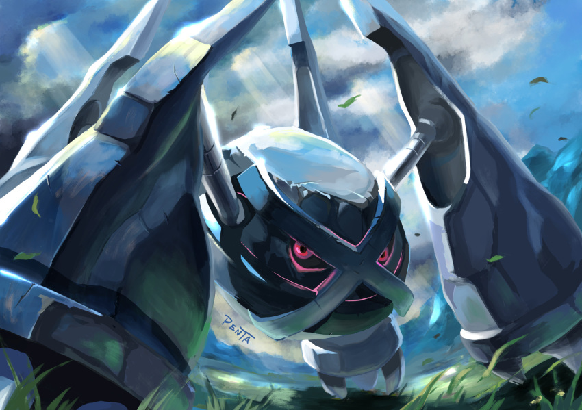 clouds commentary_request day from_below glowing glowing_eyes grass highres leaves_in_wind light_rays looking_at_viewer metagross no_humans outdoors penta_oekaki pink_eyes pokemon pokemon_(creature) signature sky solo