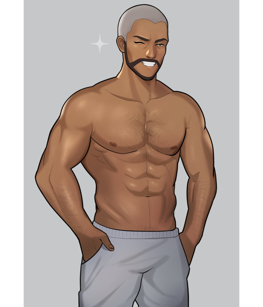 1boy abs arm_hair beard biceps chest_hair collarbone commentary_request dark-skinned_male dark_skin facial_hair grey_pants grin hands_in_pockets highres korean_commentary male_focus muscular muscular_male navel one_eye_closed pants pectorals peony_(pokemon) pillarboxed pokemon pokemon_(game) pokemon_swsh pubic_hair pubic_hair_peek short_hair smile solo sparkle teeth topless_male very_short_hair yumilbo