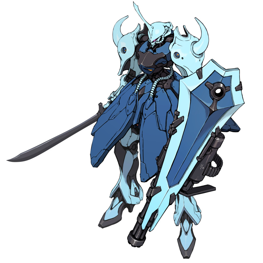cable gouf_custom gundam gundam_08th_ms_team highres holding holding_sword holding_weapon horns mecha mobile_suit nagano_mamoru_(style) no_humans one-eyed parody pink_eyes science_fiction shield single_horn solo standing style_parody sword takekawa_shin weapon white_background zeon