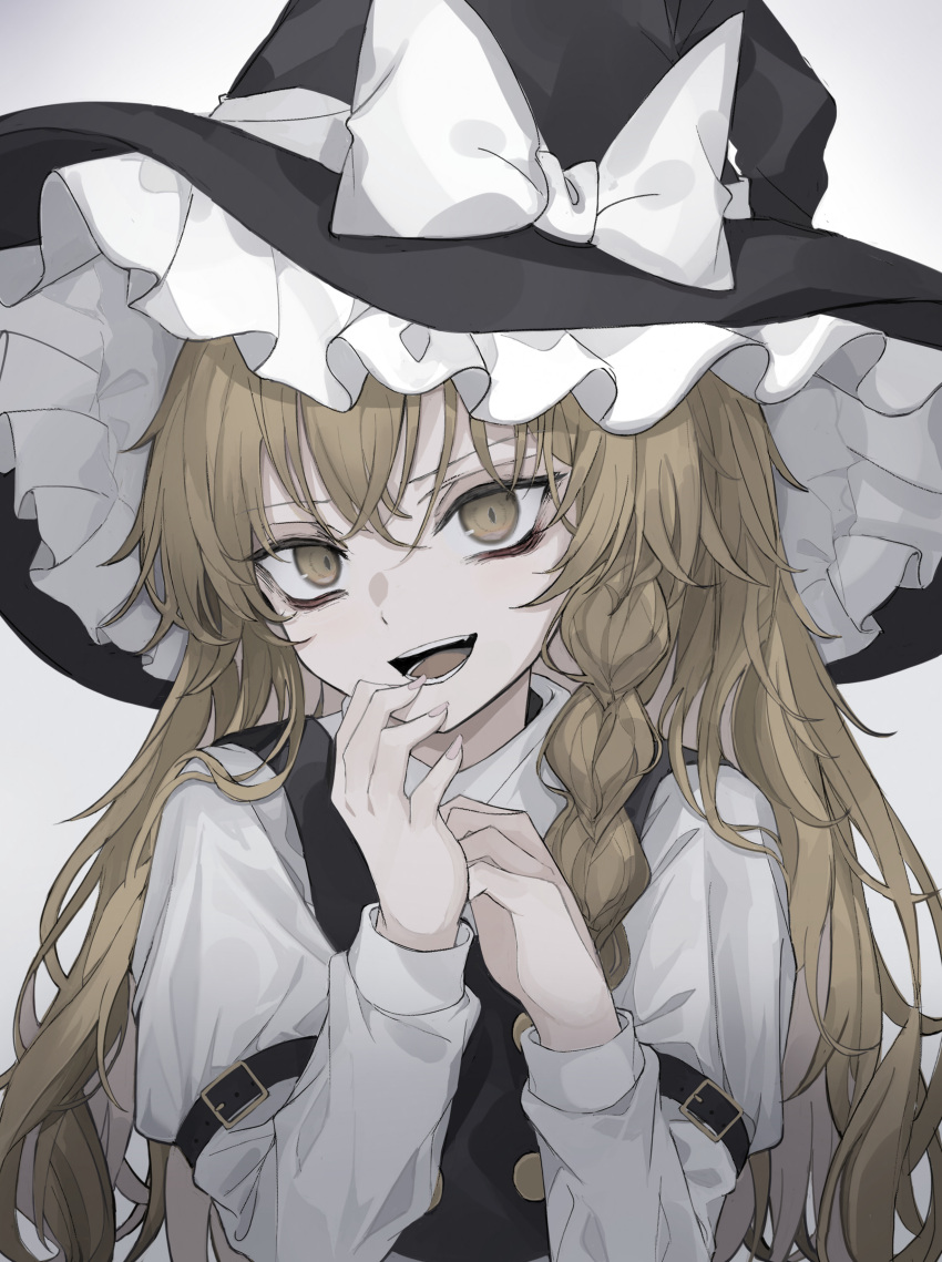 1girl :d absurdres arm_garter arms_up bags_under_eyes bangs black_headwear black_vest blonde_hair blush bow braid buckle buttons eyelashes fang fingernails frills grey_background hand_to_own_mouth hat hat_bow hat_ribbon head_tilt highres hisha_(kan_moko) kirisame_marisa laughing long_hair long_sleeves looking_at_viewer lower_teeth open_mouth ribbon shirt simple_background single_braid smile solo standing teeth tongue touhou upper_body upper_teeth vest white_bow white_ribbon white_shirt white_sleeves witch_hat yellow_eyes