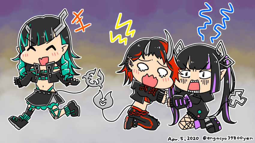 +++ 3girls ^_^ artist_name bangs belt black_footwear black_hair black_jacket black_legwear black_pants black_skirt black_sports_bra blank_eyes blue_belt blue_hair blunt_bangs breasts chain chest_belt chibi closed_eyes clothing_cutout commentary_request cropped_jacket cross-laced_sleeves demon_girl demon_horns demon_tail ear_chain ear_piercing engacyo_(engacyo39800yen) fang flat_chest full_body garter_straps grey_skirt highres horns jacket kojo_anna layered_skirt long_hair long_sleeves looking_at_another medium_breasts midriff multicolored_hair multiple_girls navel open_clothes open_jacket open_mouth pants piercing pointy_ears purple_hair redhead ryugasaki_rene shishio_chris shoes short_hair shoulder_cutout single_thighhigh skin_fang skirt smile sneakers sports_bra sugar_lyric tail thigh-highs twintails two-tone_hair under_boob v-shaped_eyebrows virtual_youtuber walking zipper_skirt