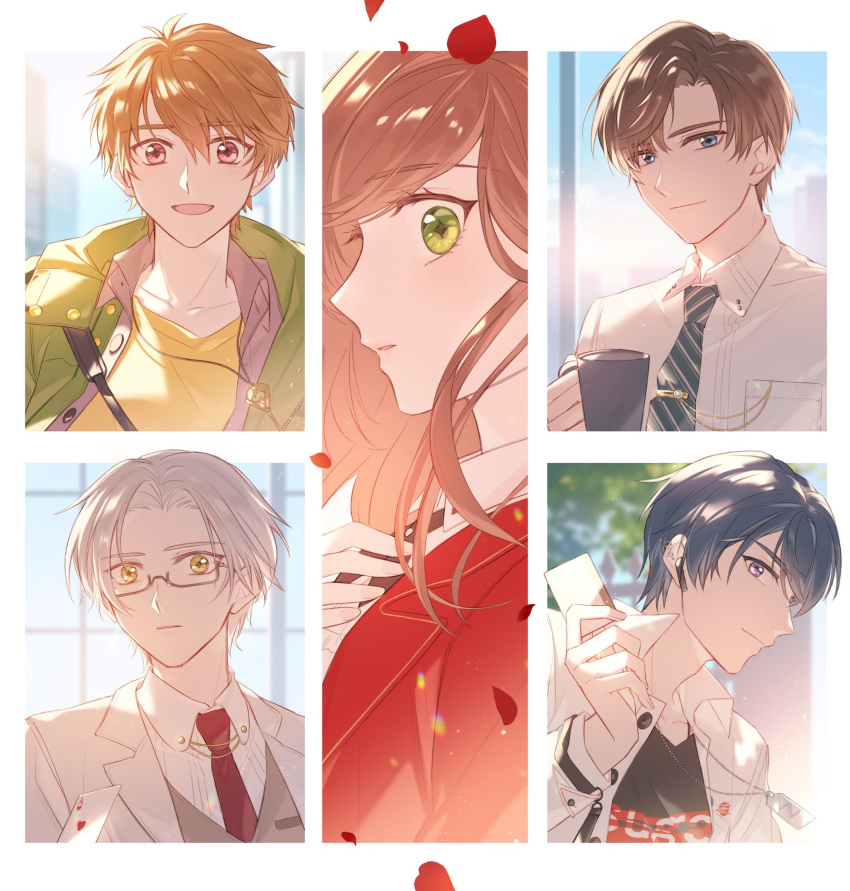 1girl 4boys :d artem_wing_(tears_of_themis) bangs black_shirt blue_eyes blue_sky border brown_eyes brown_hair closed_mouth coat coffee_mug cup dog_tags earphones earrings forehead glasses green_jacket green_necktie highres holding holding_cup jacket jewelry k83_4 key long_hair long_sleeves looking_at_viewer looking_to_the_side luke_pearce_(tears_of_themis) marius_von_hagen_(tears_of_themis) mug multiple_boys necklace necktie open_mouth petals polo_shirt purple_hair red_jacket red_necktie rosa_(tears_of_themis) shirt short_hair sky smile tears_of_themis violet_eyes vyn_richter_(tears_of_themis) white_border white_coat white_hair white_jacket white_shirt window yellow_eyes yellow_shirt