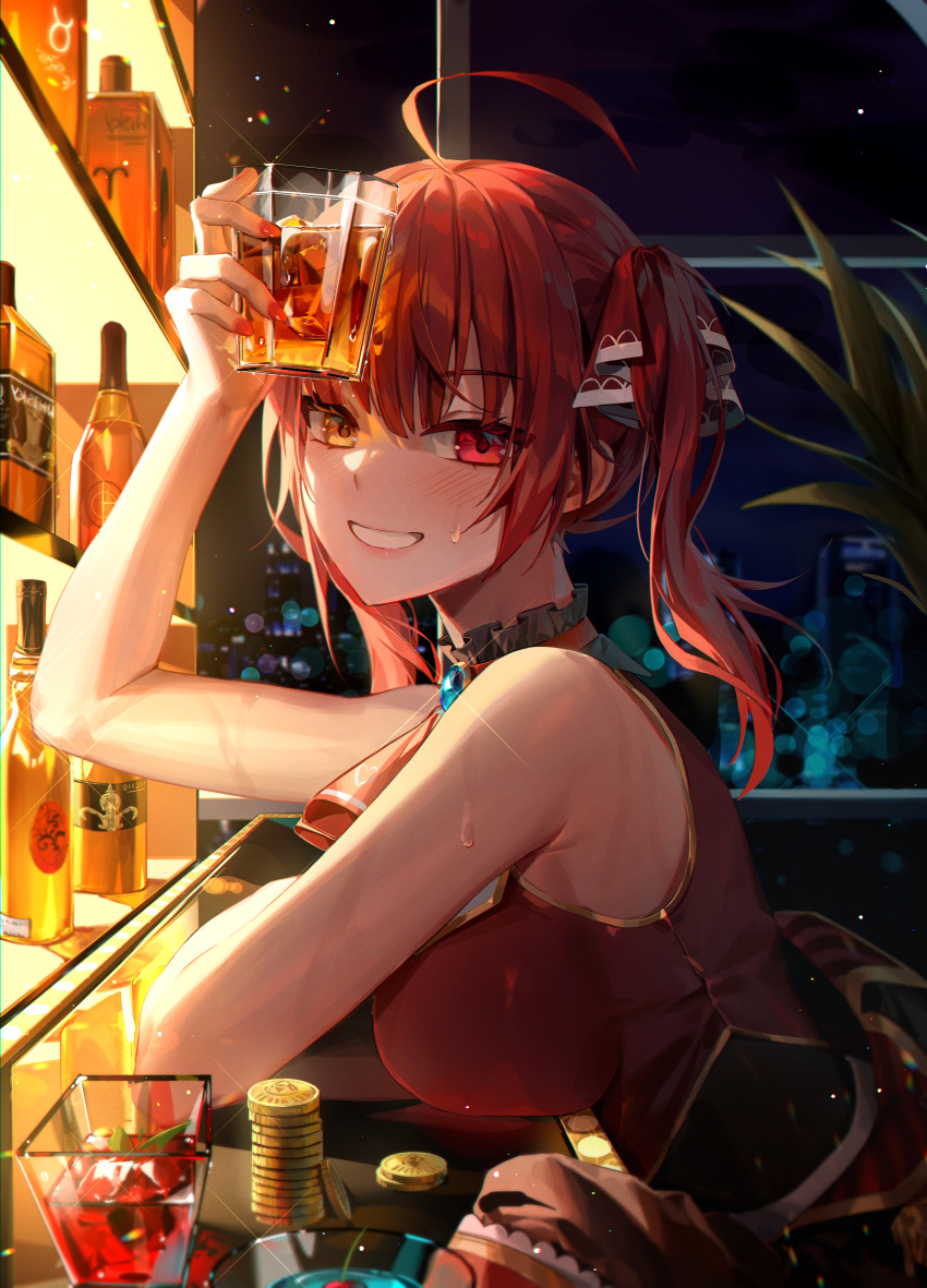 1girl absurdres ahoge alcohol bangs blush bottle coin cup drinking_glass eyebrows_visible_through_hair fingernails hair_ribbon heterochromia highres holding holding_cup hololive houshou_marine indoors long_hair looking_at_viewer minttchocok nail_polish night night_sky parted_lips red_eyes red_nails red_ribbon redhead ribbon sky solo sweatdrop twintails virtual_youtuber yellow_eyes