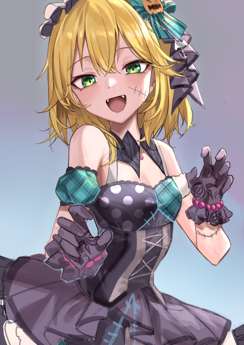 1girl :d absurdres armband black_gloves cross-laced_dress detached_collar dress fangs gao gloves haruyuki_(gffewuoutgblubh) highres idolmaster idolmaster_shiny_colors looking_at_viewer print_gloves sakurai_momoka scar scar_on_arm scar_on_cheek scar_on_face simple_background sleeveless sleeveless_dress smile smirk solo upper_body
