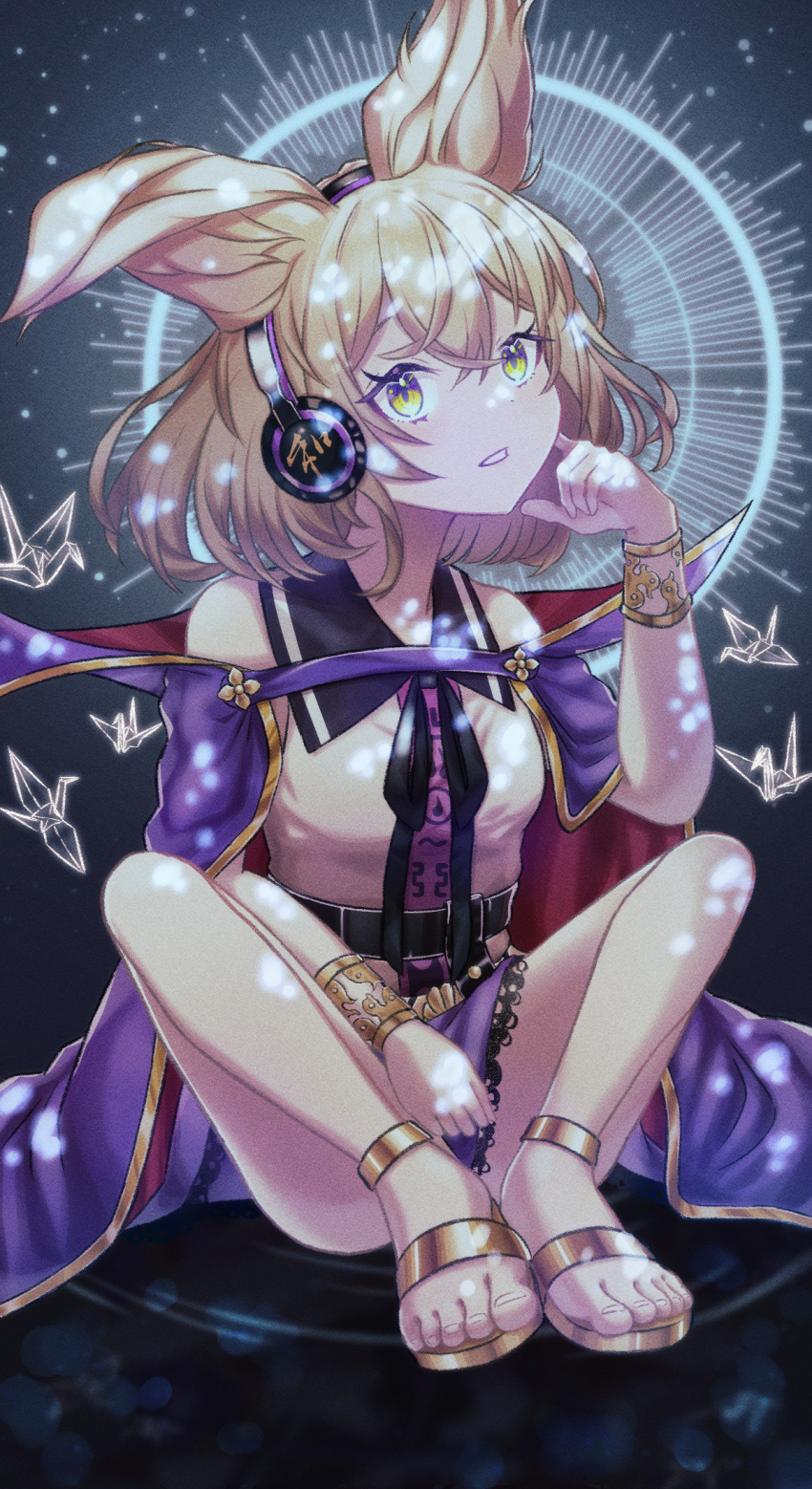 1girl bare_shoulders blonde_hair bracelet breasts cape eyebrows_behind_hair full_body gold_trim hair_between_eyes hand_up highres jewelry looking_at_viewer medium_hair noritamaru off_shoulder parted_lips pointy_hair sitting small_breasts solo toes touhou toyosatomimi_no_miko yellow_eyes