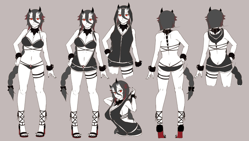 1girl abyssal_ship ass bikini black_bikini black_hair black_hoodie braid breasts character_sheet hair_between_eyes hi_ye high_heels hood hood_up hoodie horns kantai_collection large_breasts long_braid long_hair multiple_views navel oni_horns red_eyes single_braid sleeveless sleeveless_hoodie standing swimsuit