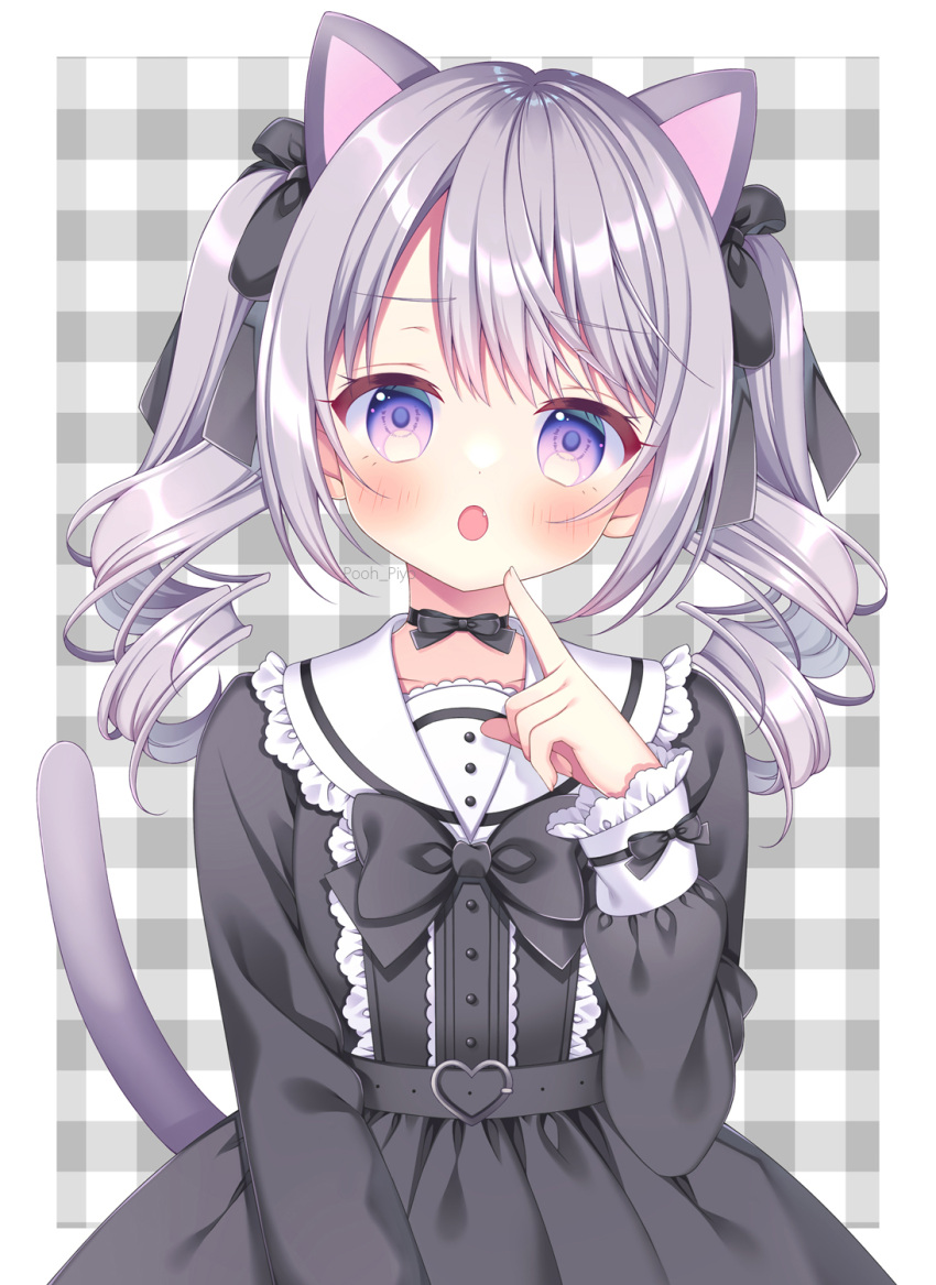 1girl :o animal_ears black_bow black_dress blush bow cat_ears cat_girl cat_tail collarbone dress drill_hair fang frilled_sailor_collar frills grey_hair hair_bow hand_up highres long_hair long_sleeves looking_at_viewer open_mouth original plaid plaid_background puu_(kari---ume) sailor_collar sailor_dress sleeves_past_wrists solo tail tail_raised twin_drills twintails violet_eyes watermark white_sailor_collar