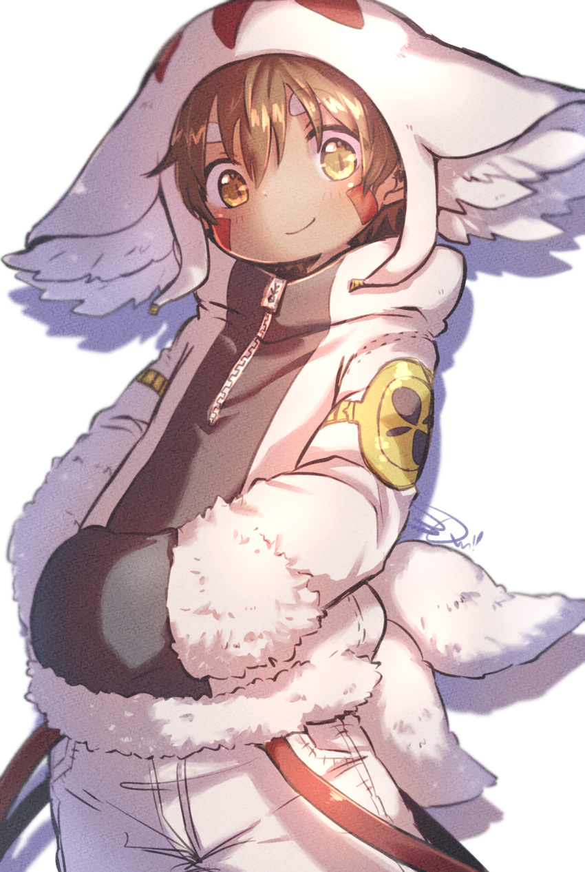 1boy animal_ear_fluff animal_ears animal_hood bandam bangs belt blush brown_hair cosplay cowboy_shot drop_shadow facepaint fake_animal_ears faputa faputa_(cosplay) fur_trim hands_in_pocket highres hood hood_up hoodie long_sleeves looking_at_viewer made_in_abyss male_focus multiple_tails pants regu_(made_in_abyss) shade simple_background slit_pupils smile solo tail white_background white_pants zipper