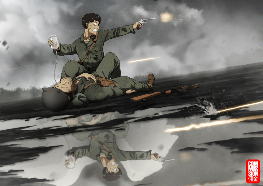 2boys bag battle black_hair blood blood_on_face boots brown_hair clouds cloudy_sky commentary commission dutch_angle english_commentary english_text firefight firing frown grey_headwear grey_jacket grey_pants grey_sky grimace gun handgun helmet highres holding holding_gun holding_weapon intravenous_drip jacket long_sleeves looking_to_the_side lying male_focus military military_uniform mrxinom multiple_boys on_back original outdoors overcast pants puddle reflection reflective_water revolver rifle satchel short_hair sitting sky soldier submachine_gun thompson_submachine_gun uniform united_states_marine_corps very_short_hair water watermark weapon world_war_ii