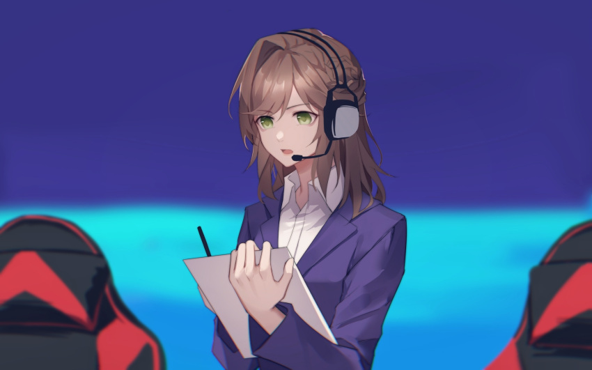 1girl bangs blue_jacket brown_hair chair clipboard fengtu_ad gaming_chair green_eyes headphones highres holding holding_clipboard holding_pen jacket long_hair long_sleeves open_mouth pen polo_shirt rosa_(tears_of_themis) shirt solo tears_of_themis v-shaped_eyebrows white_shirt