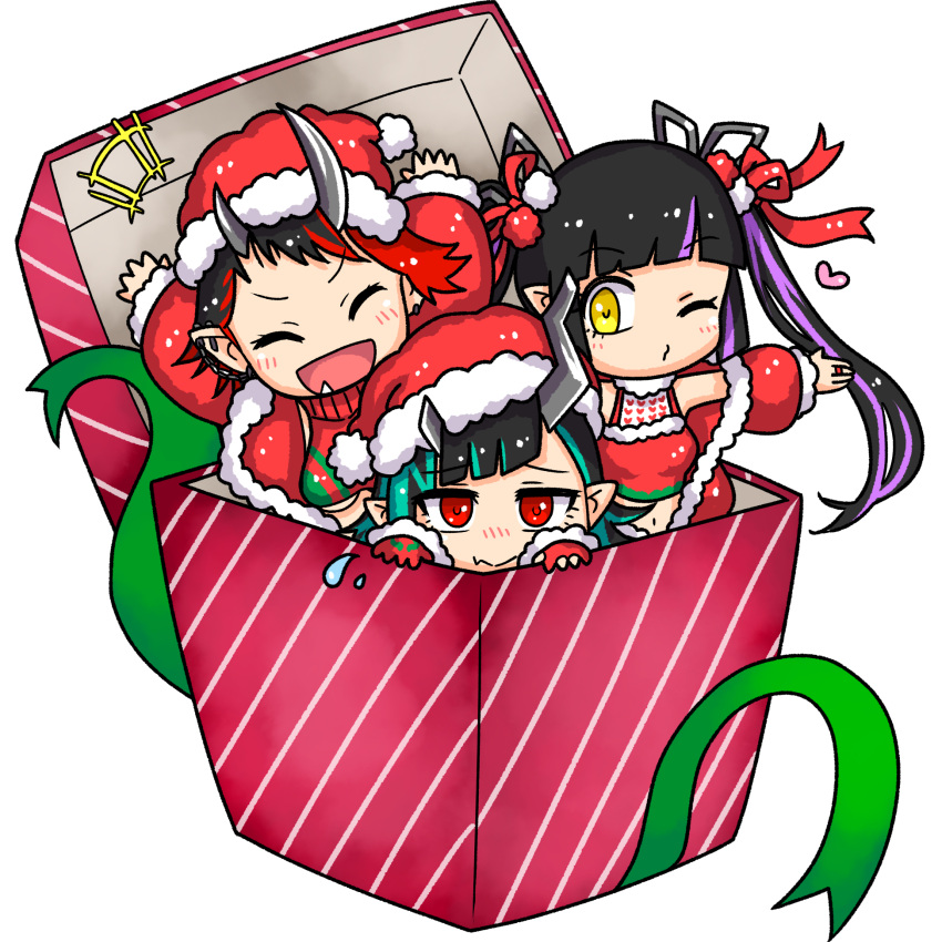 3girls adapted_costume bangs black_hair blue_hair blunt_bangs blush box chibi christmas closed_eyes closed_mouth commentary_request demon_girl demon_horns ear_chain ear_piercing engacyo_(engacyo39800yen) eyebrows_visible_through_hair fang gift gloves hat heart highres horns in_box in_container jacket kojo_anna long_hair looking_at_viewer multicolored_hair multiple_girls o3o off_shoulder one_eye_closed open_mouth partially_fingerless_gloves piercing pointy_ears purple_hair red_eyes red_gloves red_headwear red_jacket redhead ryugasaki_rene santa_hat shishio_chris short_hair simple_background skin_fang smile sugar_lyric twintails two-tone_hair upper_body virtual_youtuber white_background yellow_eyes