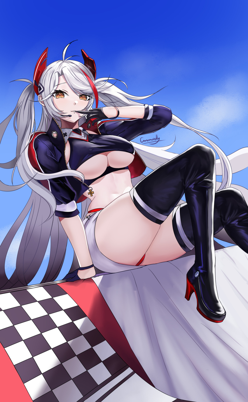 1girl absurdres azur_lane belt black_gloves boots breasts checkered checkered_flag clothing_cutout cropped_shirt earpiece finger_to_mouth flag gloves gmomotdly half_gloves headgear high_heel_boots high_heels highres holding holding_flag jacket large_breasts looking_at_viewer miniskirt multicolored_hair official_alternate_costume open_clothes open_jacket orange_eyes panties panty_straps prinz_eugen_(azur_lane) prinz_eugen_(final_lap)_(azur_lane) purple_jacket racequeen red_panties redhead short_sleeves sitting skindentation skirt solo streaked_hair thigh-highs thigh_boots two-tone_hair under_boob underboob_cutout underwear white_belt white_hair white_skirt zipper