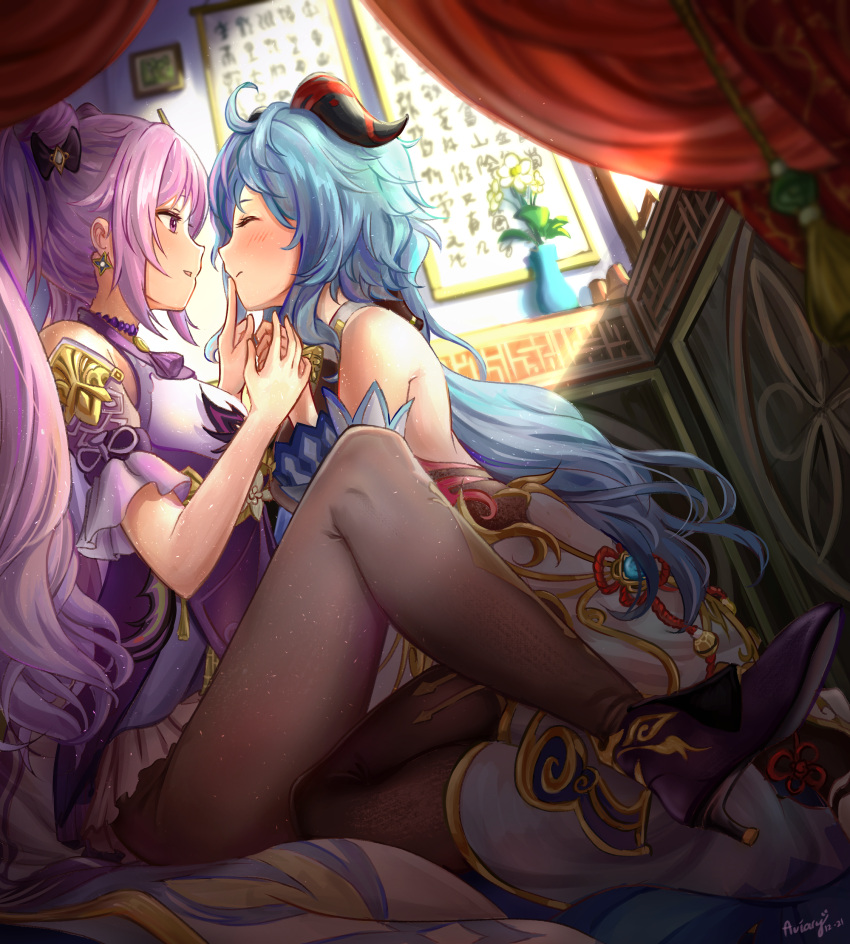 2girls ^_^ absurdres aviary bare_shoulders bell black_legwear blue_hair blush bow breasts closed_eyes cowbell curtains dress earrings flower frilled_dress frills from_side ganyu_(genshin_impact) genshin_impact hair_bow happy high_heels highres horns indoors jewelry keqing_(genshin_impact) light_rays looking_at_another multiple_girls open_mouth pantyhose purple_hair smile violet_eyes yuri