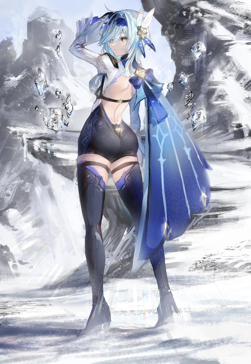 1girl absurdres arm_up ass backless_outfit black_footwear black_legwear blue_cape blue_hair blue_hairband cape closed_mouth commentary eula_(genshin_impact) flower from_behind full_body genshin_impact hair_flower hair_ornament hairband high_heels highres ice juliet_sleeves long_hair long_sleeves looking_at_viewer looking_back nanaponi outdoors parted_lips puffy_sleeves snow solo standing thigh-highs thigh_strap white_sleeves yellow_eyes