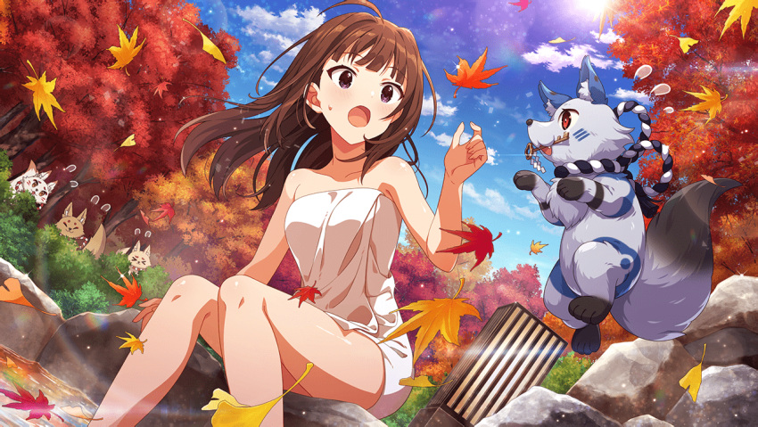 autumn brown_hair idolmaster_million_live!_theater_days long_hair onsen towel violet_eyes yokoyama_nao