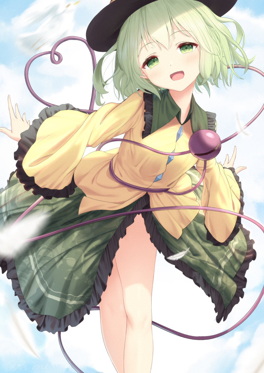 1girl :d absurdres bent_over clouds day feathers feet_out_of_frame green_eyes green_hair green_skirt hat highres komeiji_koishi light_blush looking_at_viewer outdoors raimeso235 shirt short_hair skirt sky smile solo tareme third_eye touhou wide_sleeves yellow_shirt