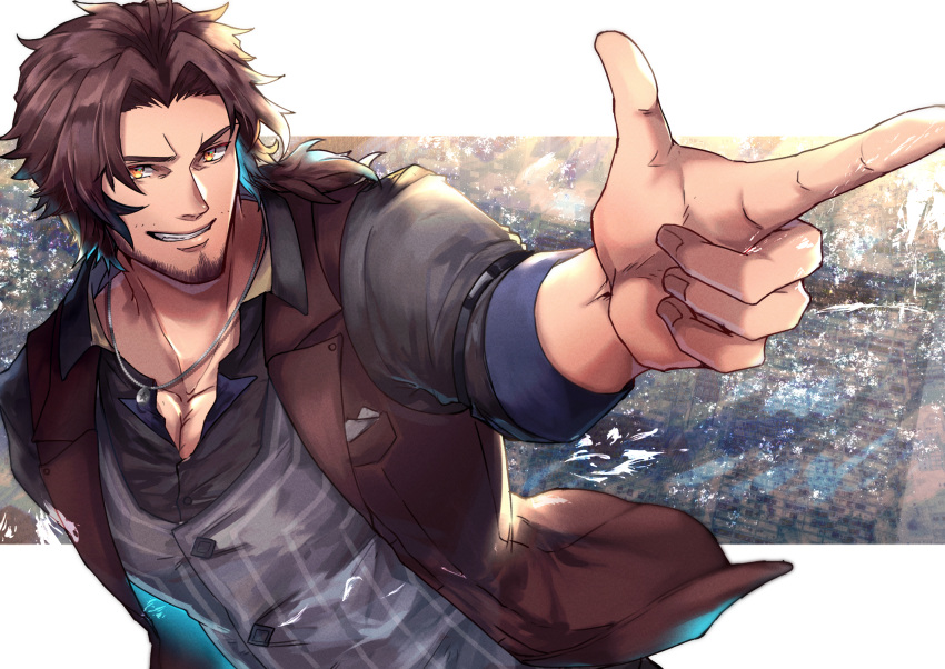 1boy bangs belmond_banderas black_shirt brown_eyes brown_hair brown_vest collarbone collared_shirt commentary_request dress_shirt facial_hair finger_gun grey_vest grin highres long_hair long_sleeves looking_at_viewer low_ponytail male_focus nijisanji open_clothes open_vest parted_bangs ponytail shirt smile solo stubble townoise upper_body v-shaped_eyebrows vest virtual_youtuber