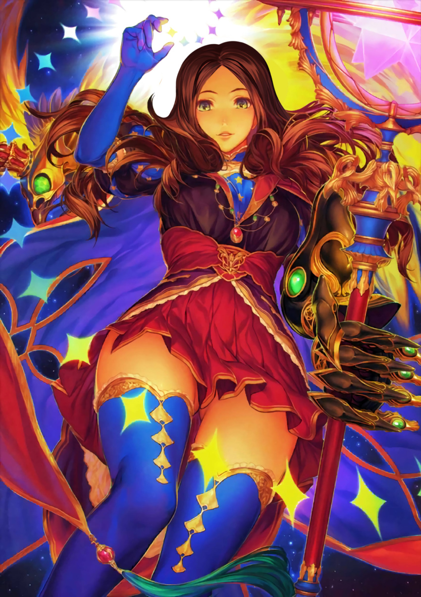 1girl blue_legwear breasts fate/grand_order fate_(series) floating_hair from_below highres large_breasts leonardo_da_vinci_(fate) looking_at_viewer red_skirt resized simosi skirt solo source_request star_(symbol) third-party_edit upscaled