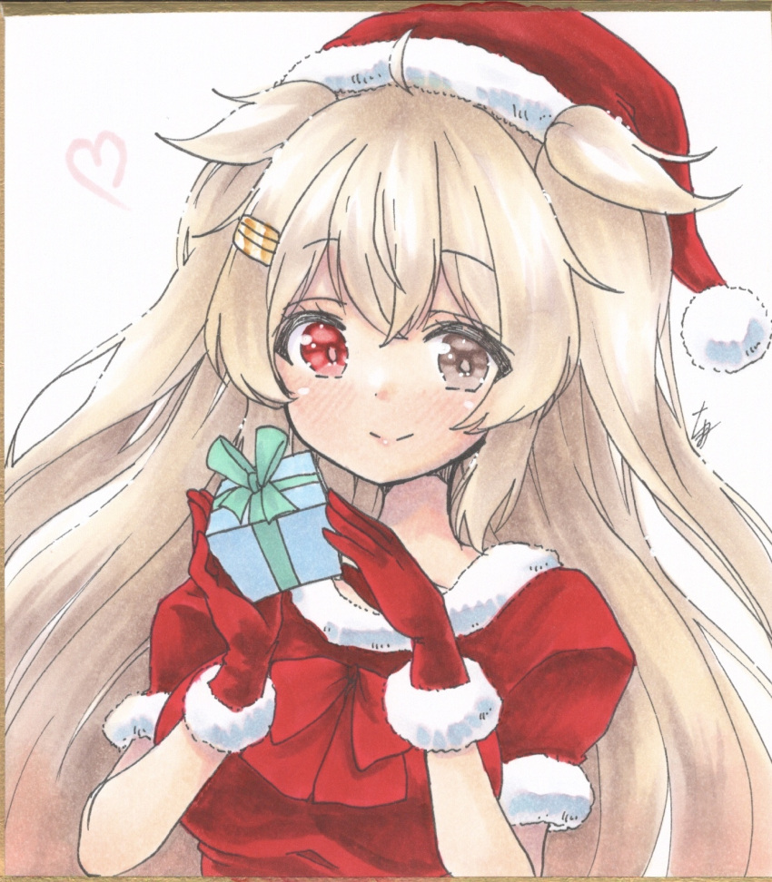 1girl box capelet christmas commentary_request dress fur-trimmed_capelet fur-trimmed_dress fur-trimmed_headwear fur_trim gift gift_box gloves gradient_hair hair_flaps hat heterochromia highres kantai_collection light_brown_hair long_hair looking_at_viewer marker_(medium) multicolored_hair murasame_(kancolle) red_capelet red_eyes red_gloves red_headwear remodel_(kantai_collection) santa_costume santa_hat smile traditional_media two_side_up yuuki_chima