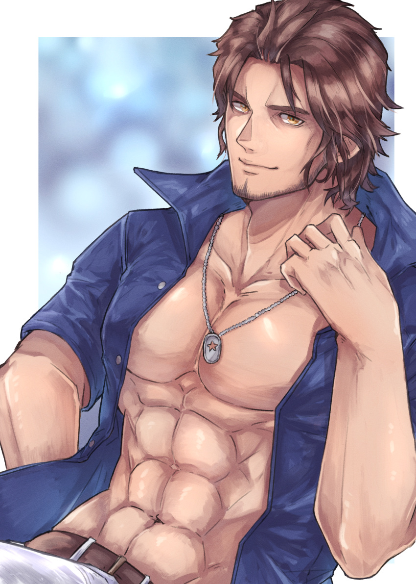 1boy abs absurdres bangs belmond_banderas belt blue_shirt brown_belt brown_eyes brown_hair closed_mouth collarbone collared_shirt commentary_request dress_shirt facial_hair highres male_focus nijisanji open_clothes open_shirt pants parted_bangs shirt short_sleeves smile solo stubble thick_eyebrows townoise v-shaped_eyebrows virtual_youtuber white_pants