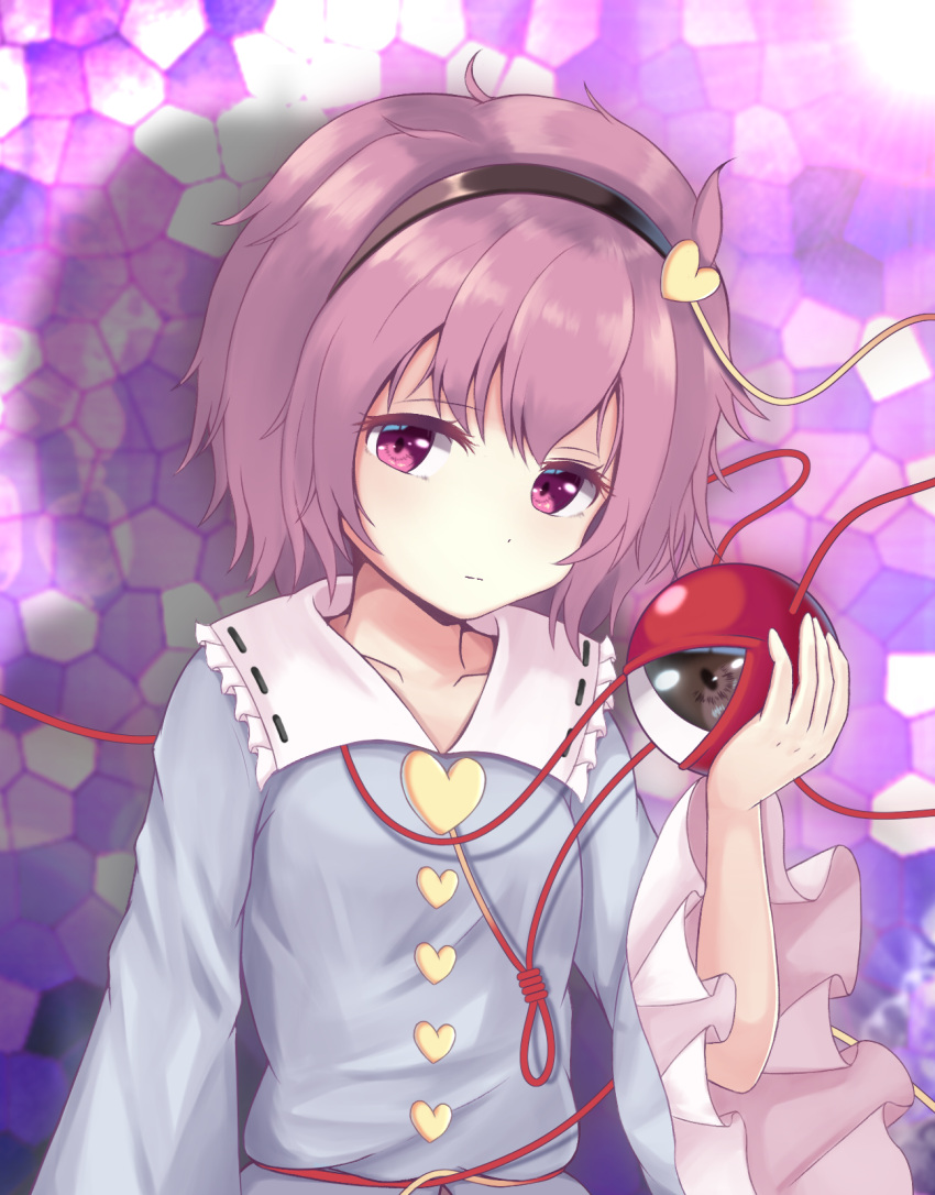 1girl bangs black_hairband blouse blue_blouse buttons collared_blouse eyeball hairband heart_button highres komeiji_satori long_sleeves looking_to_the_side noose pink_hair purple_background ribbon_trim short_hair solo stained_glass str11x third_eye touhou violet_eyes wide_sleeves