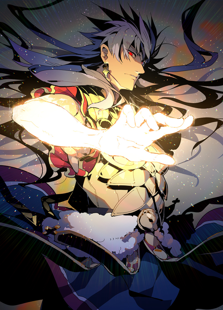 1boy closed_mouth dark_blue_hair earrings elbow_gloves fate/grand_order fate_(series) fighting_stance floating floating_hair foreshortening gloves glowing glowing_hand gold_armor highres jewelry koshiro_itsuki light_particles long_hair looking_at_viewer male_focus romulus_quirinus_(fate) solo upper_body very_long_hair