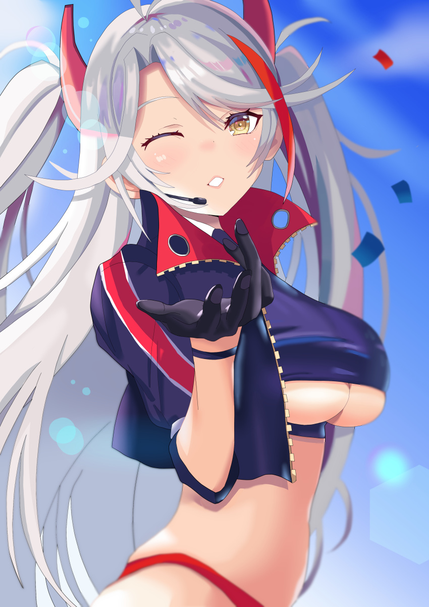 1girl absurdres azur_lane blue_background breasts clothing_cutout earpiece from_side gloves hair_between_eyes half_gloves headgear highres jacket large_breasts long_hair looking_at_viewer multicolored_hair official_alternate_costume one_eye_closed open_clothes open_jacket panties panty_straps prinz_eugen_(azur_lane) prinz_eugen_(final_lap)_(azur_lane) purple_jacket racequeen red_panties redhead short_sleeves simple_background solo streaked_hair two-tone_hair ukitaka_raptor under_boob underboob_cutout underwear upper_body white_hair yellow_eyes