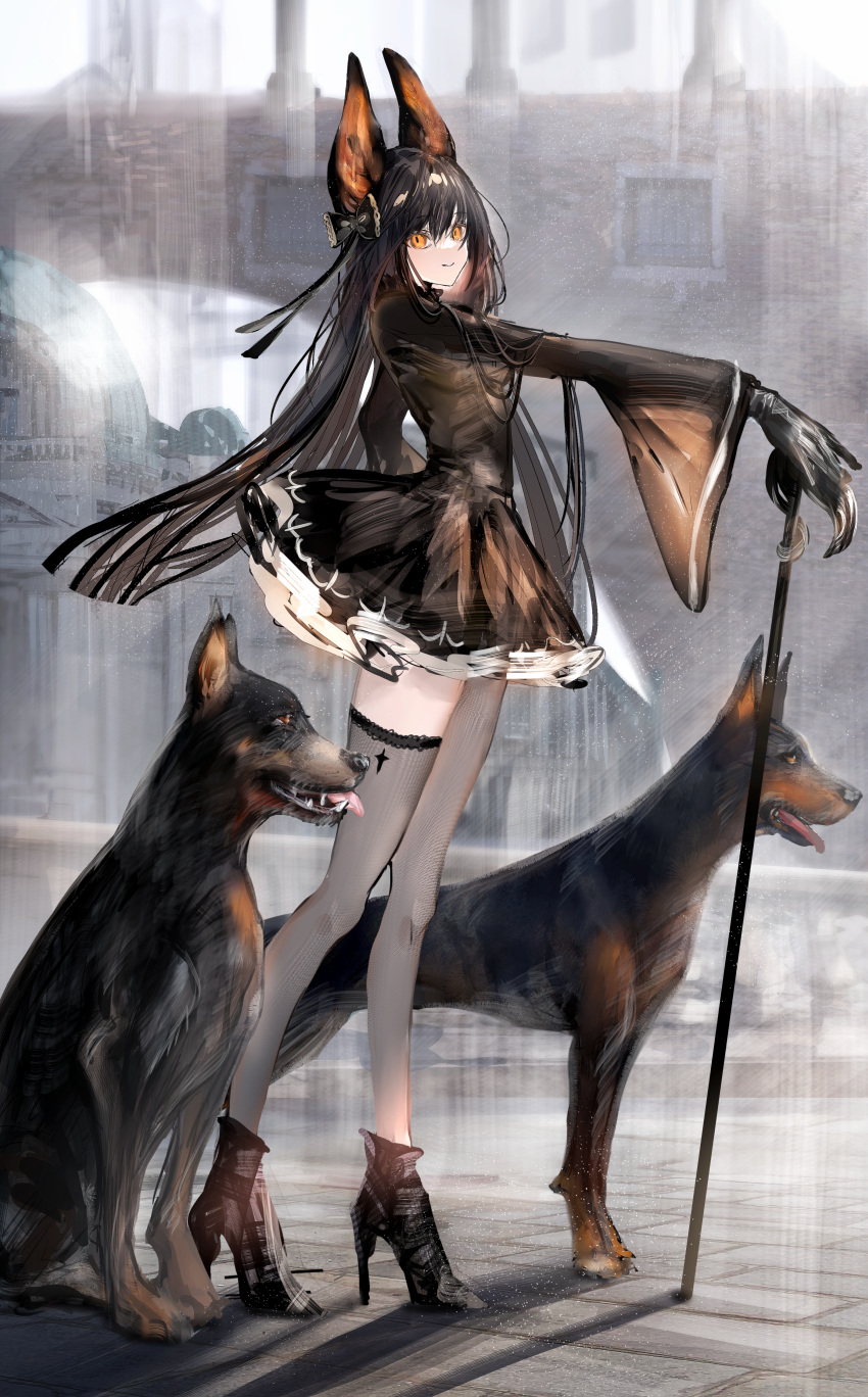 1girl absurdres animal_ears black_bow black_dress black_footwear black_gloves black_hair black_legwear bow closed_mouth commentary dog dog_ears dress full_body gloves hair_bow high_heels highres light_smile long_hair long_sleeves looking_at_viewer nanaponi orange_eyes original outdoors shadow solo standing thigh-highs