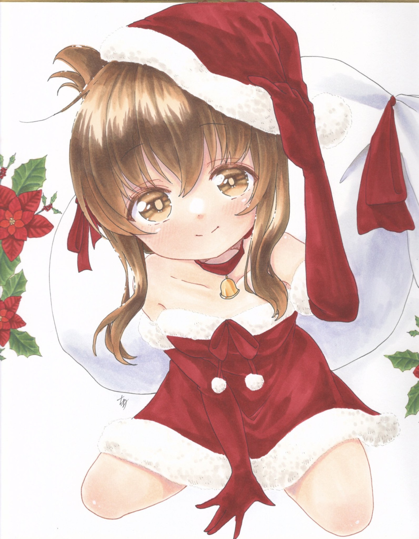 1girl bangs bell brown_hair choker christmas commentary_request dress elbow_gloves folded_ponytail fur-trimmed_dress fur-trimmed_gloves fur-trimmed_headwear fur_trim gloves hand_on_headwear hat highres inazuma_(kancolle) kantai_collection long_hair looking_at_viewer marker_(medium) red_choker red_dress red_gloves red_headwear sack santa_costume santa_dress santa_hat smile solo strapless strapless_dress traditional_media yuuki_chima