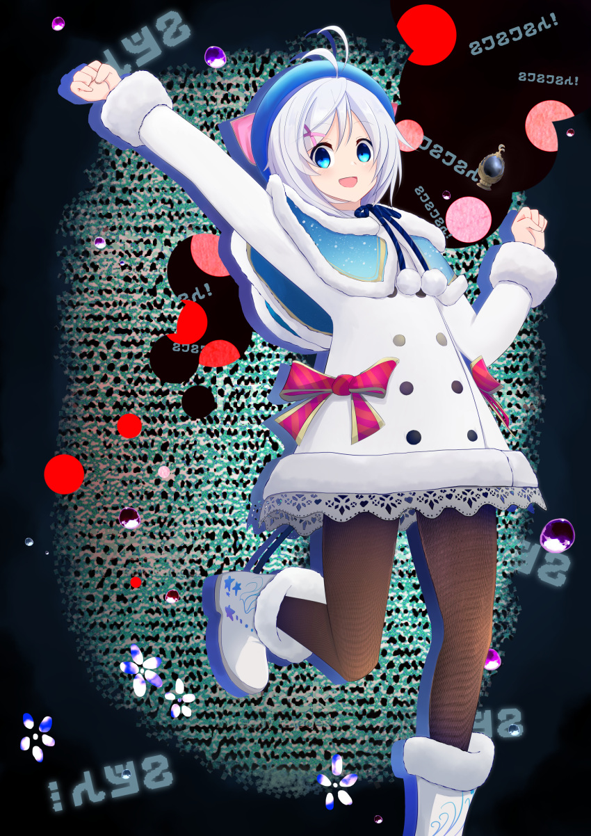1girl :d absurdres antenna_hair bangs beret blue_capelet blue_eyes blue_headwear boots brown_legwear capelet choco_(chocovix112) dennou_shoujo_youtuber_siro dress empty_eyes eyebrows_visible_through_hair feet_out_of_frame fur-trimmed_boots fur-trimmed_capelet fur-trimmed_dress fur-trimmed_sleeves fur_trim hair_between_eyes hair_ornament hat highres long_sleeves looking_at_viewer pantyhose parted_bangs silver_hair siro_(dennou_shoujo_youtuber_siro) smile solo standing standing_on_one_leg virtual_youtuber white_dress white_footwear x_hair_ornament