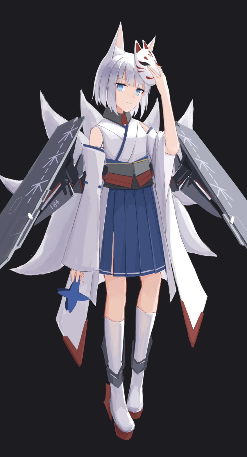 1girl absurdres animal_ear_fluff azur_lane bare_shoulders black_background blue_eyes blue_skirt boots collar flight_deck fox_mask full_body highres holding holding_mask japan_maritime_self-defense_force japan_self-defense_force kaga_(azur_lane) kaga_(jmsdf) kitsune kyuubi looking_at_viewer mask mask_on_head metal_belt metal_collar military multiple_tails pleated_skirt rigging shasha_(shasha159357) short_hair simple_background skirt solo tail white_footwear white_hair white_tail younger