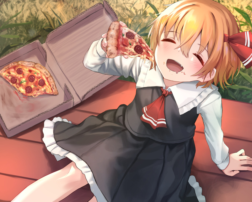 1girl black_skirt black_vest blonde_hair blush closed_eyes collared_shirt drooling fang food food_on_face hair_between_eyes hair_ribbon holding holding_food long_sleeves mouth_drool open_mouth pizza pizza_box pizza_slice red_ribbon ribbon roke_(taikodon) rumia shirt short_hair sitting skirt smile solo touhou vest white_shirt