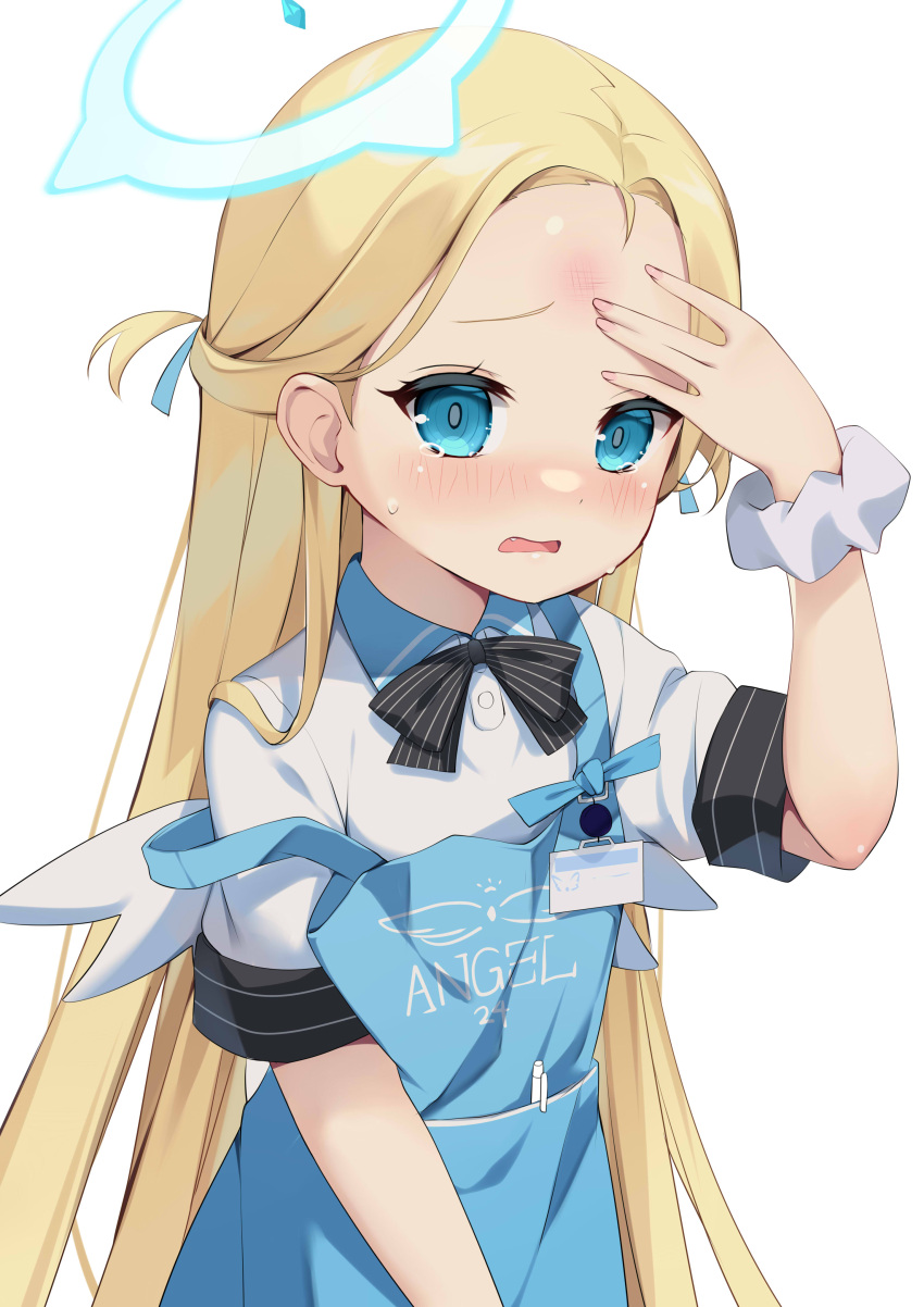 1girl absurdres apron arm_up bangs black_bow blonde_hair blue_apron blue_archive blush bow bruise bruise_on_face clothes_writing collared_shirt commentary_request english_text fang forehead halo highres ikazu401 injury long_hair looking_at_viewer mini_wings open_mouth parted_bangs scrunchie shirt short_sleeves simple_background solo sora_(blue_archive) strap_slip striped striped_bow tears two_side_up very_long_hair wavy_mouth white_background white_scrunchie white_shirt white_wings wings wrist_scrunchie