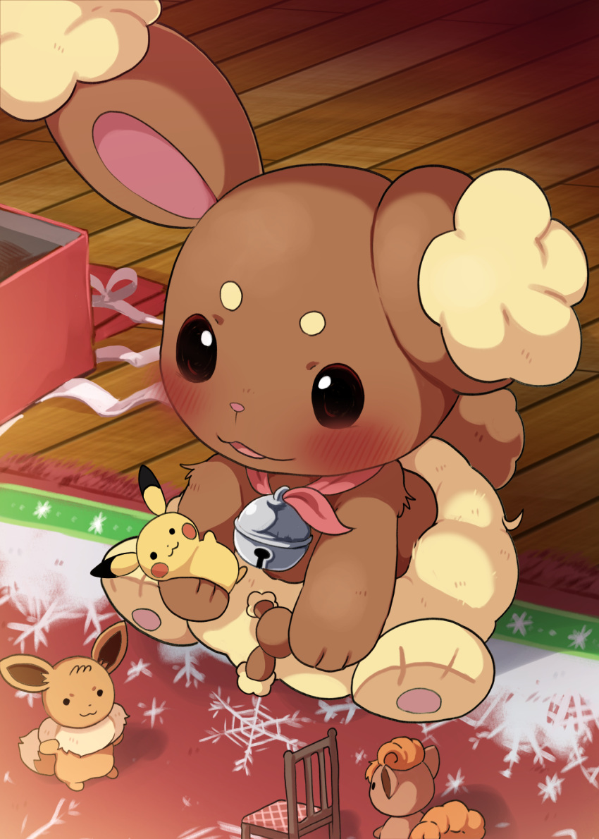 1girl :3 animal_ears animal_feet animal_hands animal_nose bandana bell black_eyes blank_eyes blush body_fur box brown_fur buneary character_doll child christmas commentary_request dagashi_(daga2626) eevee full_body furry furry_female gift gift_box happy highres indoors jingle_bell neck_bell open_mouth pawpads pikachu pokemon pokemon_(creature) rabbit_ears rabbit_girl rabbit_tail ribbon rug sitting smile snowflake_print solo tail two-tone_fur vulpix white_ribbon wooden_floor yellow_fur