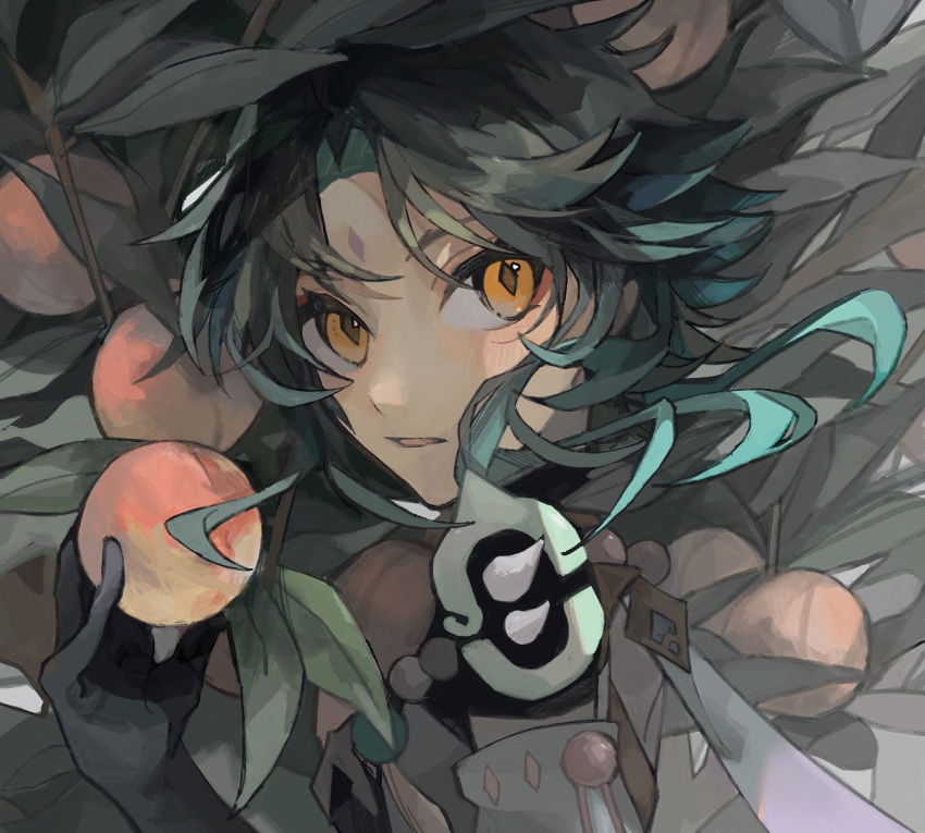 10zikan_netai 1boy aqua_hair armor bead_necklace beads black_gloves black_hair blush commentary_request facial_mark food forehead_mark fruit genshin_impact gloves highres jewelry leaf male_focus multicolored_hair necklace parted_lips peach solo spikes upper_body xiao_(genshin_impact) yellow_eyes