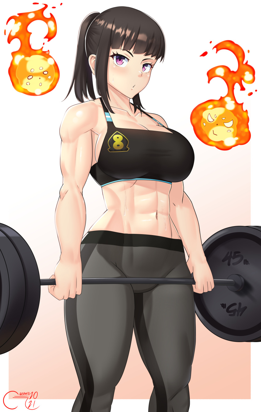 1girl 2021 abs absurdres artist_name barbell black_hair breasts castell collarbone commentary dated en'en_no_shouboutai english_commentary feet_out_of_frame fire highres holding large_breasts looking_at_viewer maki_oze muscular muscular_female navel ponytail simple_background solo sports_bra sweat violet_eyes watermark weightlifting white_background