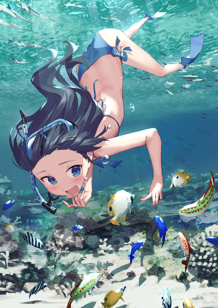 1girl absurdres ass bikini black_hair blue_bikini blue_eyes diving_mask diving_mask_on_head fins fish flippers freediving goggles goggles_on_head highres long_hair open_mouth original snorkel solo swimsuit underwater xkirara39x