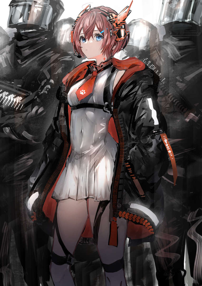 1girl 4others absurdres black_coat blue_eyes closed_mouth coat covered_navel dress hands_in_pockets headset highres long_sleeves multiple_others nanaponi necktie original paw_print red_necktie redhead short_dress short_hair solo_focus standing symbol-only_commentary thigh_strap white_dress