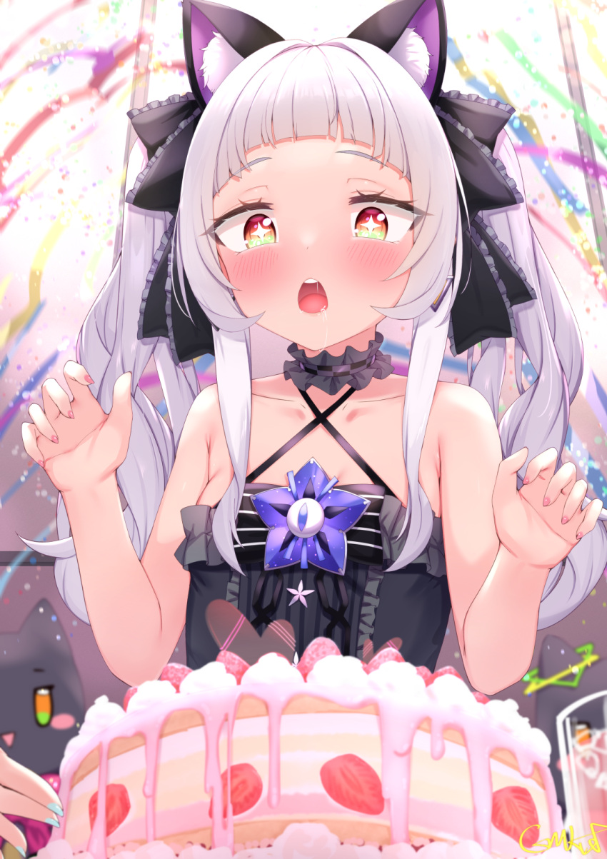 +_+ 1girl animal_ear_fluff animal_ears bangs bare_arms bare_shoulders black_dress black_ribbon blue_nails breasts cake cat_ears choker commentary_request criss-cross_halter dress drooling food frilled_choker frilled_ribbon frills fruit gmkj hair_ribbon halterneck hands_up highres hololive long_hair looking_at_food murasaki_shion nail_polish open_mouth orange_eyes out_of_frame party_popper pink_nails ribbon saliva shiokko_(murasaki_shion) signature silver_hair sleeveless sleeveless_dress small_breasts solo_focus strawberry strawberry_cake teeth twintails upper_body upper_teeth virtual_youtuber