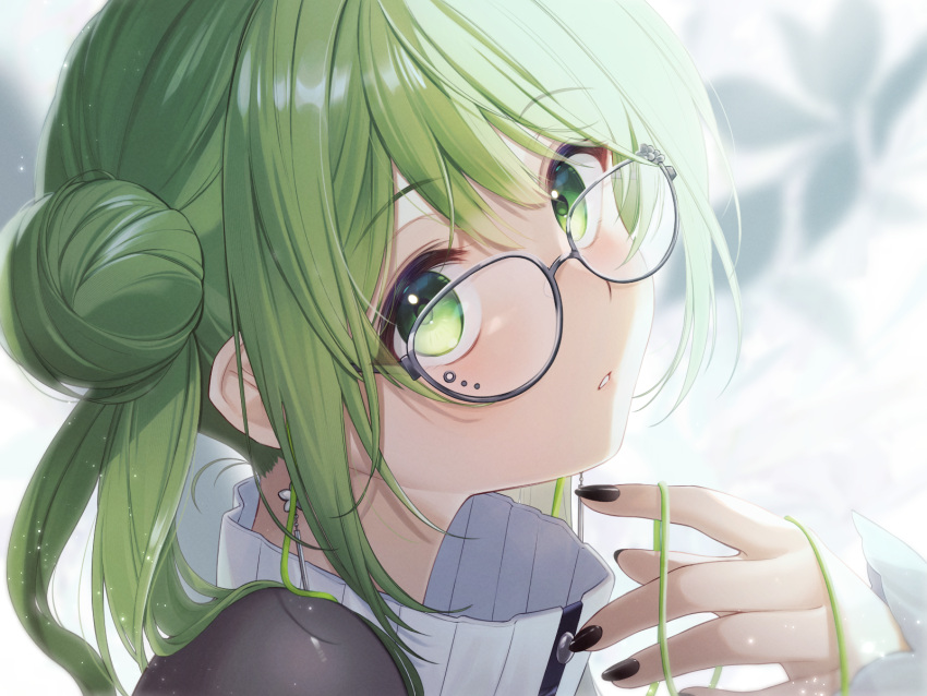 1girl bangs black_nails blurry blurry_background blush cheek_piercing earrings finger_to_own_chin flower_earrings from_side glasses green_eyes green_hair hair_strand hand_up highres jewelry light_particles long_hair long_sleeves looking_at_viewer looking_to_the_side morinaka_kazaki nail_polish nekomitei nijisanji parted_lips piercing portrait side_bun sideways_glance solo turtleneck twintails virtual_youtuber white_background