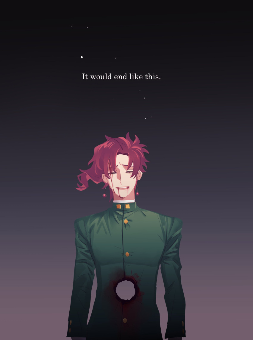 1boy blood death earrings english_commentary english_text furrowed_brow gakuran gradient gradient_background highres hole_in_chest hole_on_body jewelry jojo_no_kimyou_na_bouken kakyoin_noriaki long_sleeves male_focus school_uniform short_hair simple_background smile solo spoilers stardust_crusaders upper_body zeeerudo