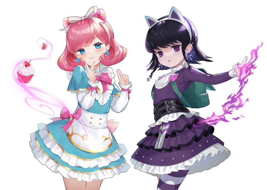 2girls absurdres animal_ears annie_(league_of_legends) apron backpack bag bangs black_hair blush bow bowtie buttons cafe_cuties_annie cat_ears cherry cowboy_shot cross cross_earrings cupcake double-breasted dress dual_persona earrings eyebrows_visible_through_hair fake_animal_ears fire food frilled_dress frills fruit goth_annie gothic green_dress gummy_bear gummy_bear_earrings hair_bow hands_up highres jewelry laon layered_dress layered_sleeves league_of_legends long_sleeves magic medium_hair multiple_girls official_alternate_costume pantyhose parted_lips pink_bow pink_bowtie pink_hair shiny shiny_hair short_over_long_sleeves short_sleeves smile striped striped_legwear violet_eyes waist_apron white_bow white_legwear