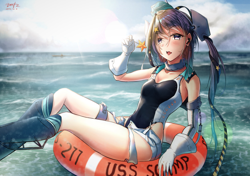 1girl absurdres aqua_headwear black_footwear black_ribbon black_swimsuit breasts candy clouds competition_swimsuit day food fritz614 garrison_cap gloves grey_eyes grey_hair hair_ornament hair_ribbon hat highleg highleg_swimsuit highres holding holding_candy holding_food kantai_collection lifebuoy long_hair one-piece_swimsuit outdoors ribbon scamp_(kancolle) short_shorts shorts side_ponytail small_breasts solo star_(symbol) star_hair_ornament submarine swimsuit watercraft white_gloves white_shorts